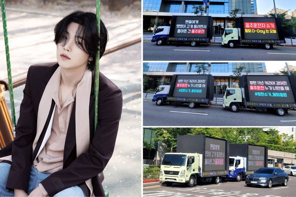 Fan BTS biểu tình bằng xe tải yêu cầu Suga rời nhóm trước trụ sở HYBE. Ảnh: Naver