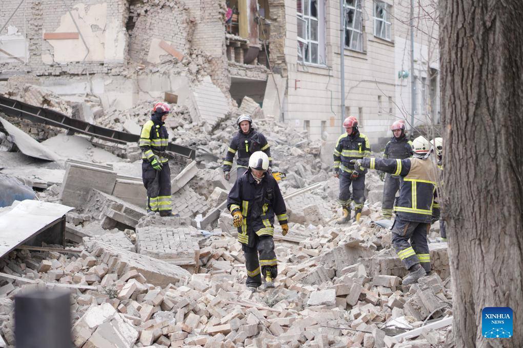 Rescuers work amid rubble after a Russian missile attack in Pecherskyi district, Kiev, Ukraine, March 25, 2024. Photo: Xinhua