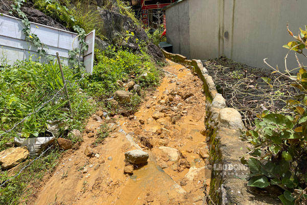 According to Mr. Tu, to ensure safety and avoid risks, households at the foot of the mountain tell each other to spend money to build embankments behind their houses to prevent landslides. However, in recent days when it has rained heavily, cracks hundreds of meters long with large volumes of rock and soil are always waiting to fall onto the houses below.