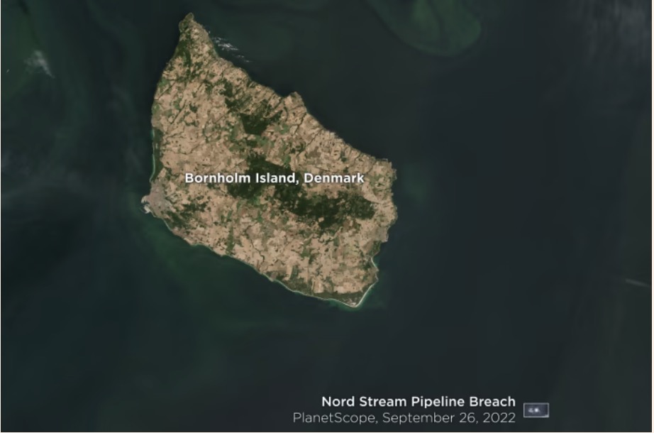 Đường ống Nord Stream bị nổ gần đảo Bornholm, Đan Mạch. Ảnh: Planet Labs