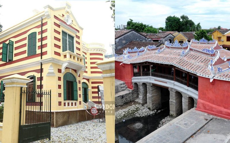 Biệt thự Pháp ở địa chỉ 49 Trần Hưng Đạo (Hà Nội) và Chùa Cầu (Viễn Lai Kiều, cầu Nhật Bản) ở Hội An. Ảnh: Hải Nguyễn/ Mai Thành Chương