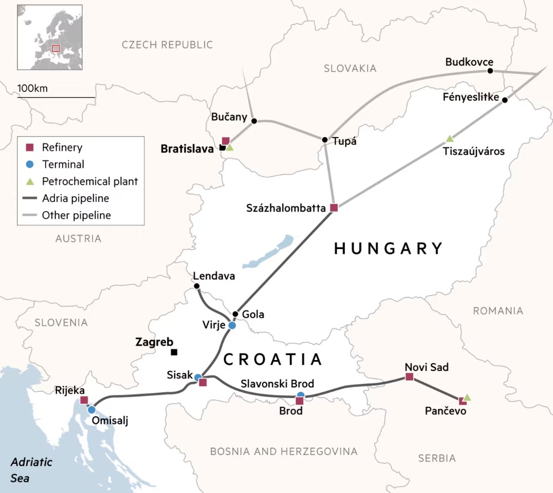 Hệ thống đường ống dẫn dầu Adria của JANAF đang được Croatia đề xuất Hungary và Slovakia sử dụng sau khi Ukraina chặn dòng dầu của Nga sang 2 quốc gia Trung Âu này. Ảnh chụp màn hình Financial Times