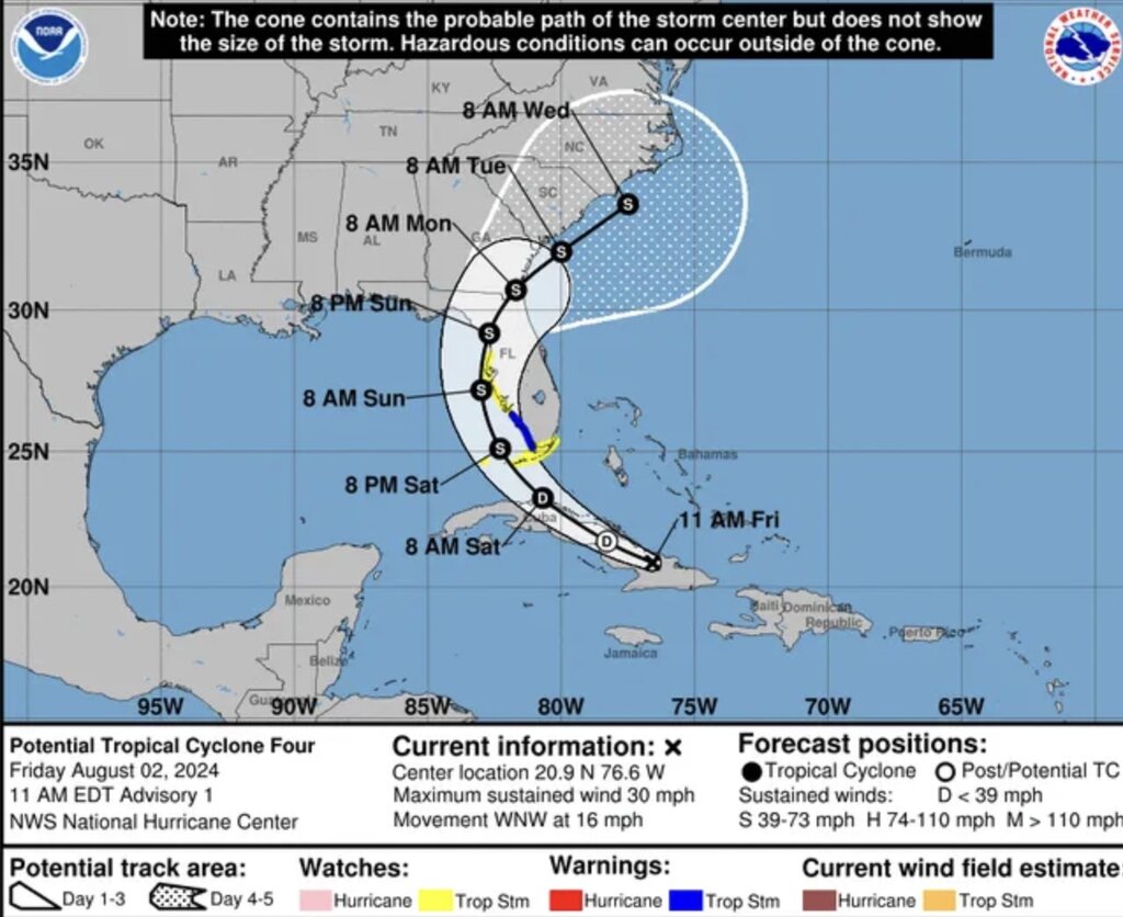 Dự báo đường đi của bão số 4 Debby. Ảnh: NHC