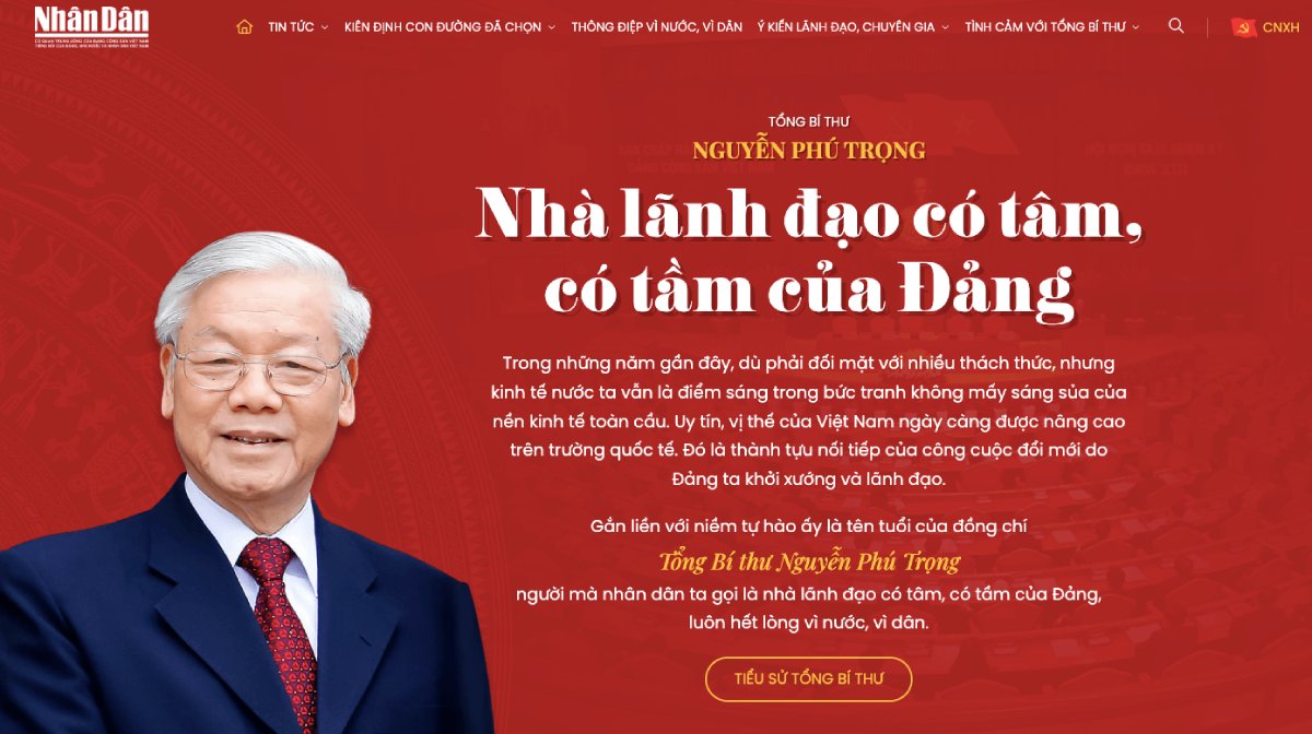 Trang thông tin đặc biệt Tổng Bí thư Nguyễn Phú Trọng - Nhà lãnh đạo có tâm, có tầm của Đảng. Ảnh: Chụp màn hình
