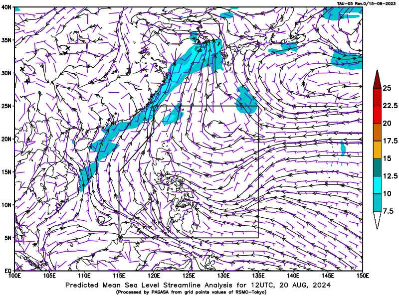 Phân tích gió bề mặt nước biển do ảnh hưởng của áp thấp và gió mùa tây nam ngày 20.8.2024. Ảnh: PAGASA