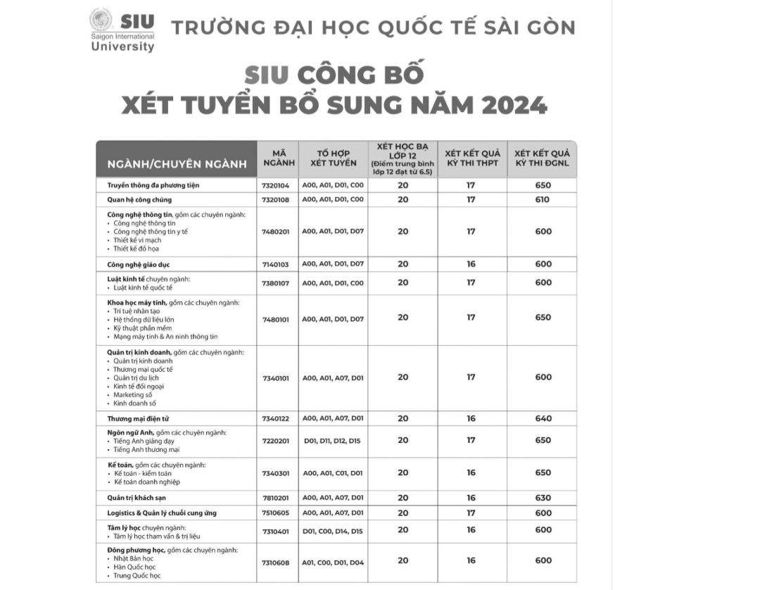 Detailed score levels for each method of receiving additional admission applications from Saigon International University