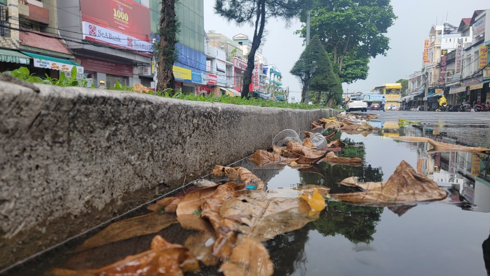 Sau cơn mưa, rác thải và lá cây vương vãi dưới lòng đường. Ảnh: Phong Linh.