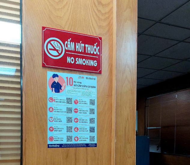 Biển cấm hút thuốc lá được bố trí tại cửa ra vào của phòng làm việc thuộc CĐ NHVN. Ảnh: Công đoàn ngân hàng