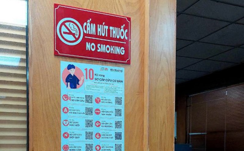 Biển cấm hút thuốc lá được bố trí tại cửa ra vào của phòng làm việc thuộc CĐ NHVN. Ảnh: Công đoàn ngân hàng