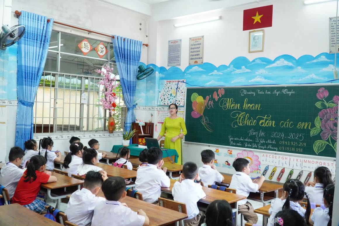 Các giáo viên Trường Tiểu học Ngô Quyền đón học sinh lớp 1 tựu trường. Ảnh: Yến Phương