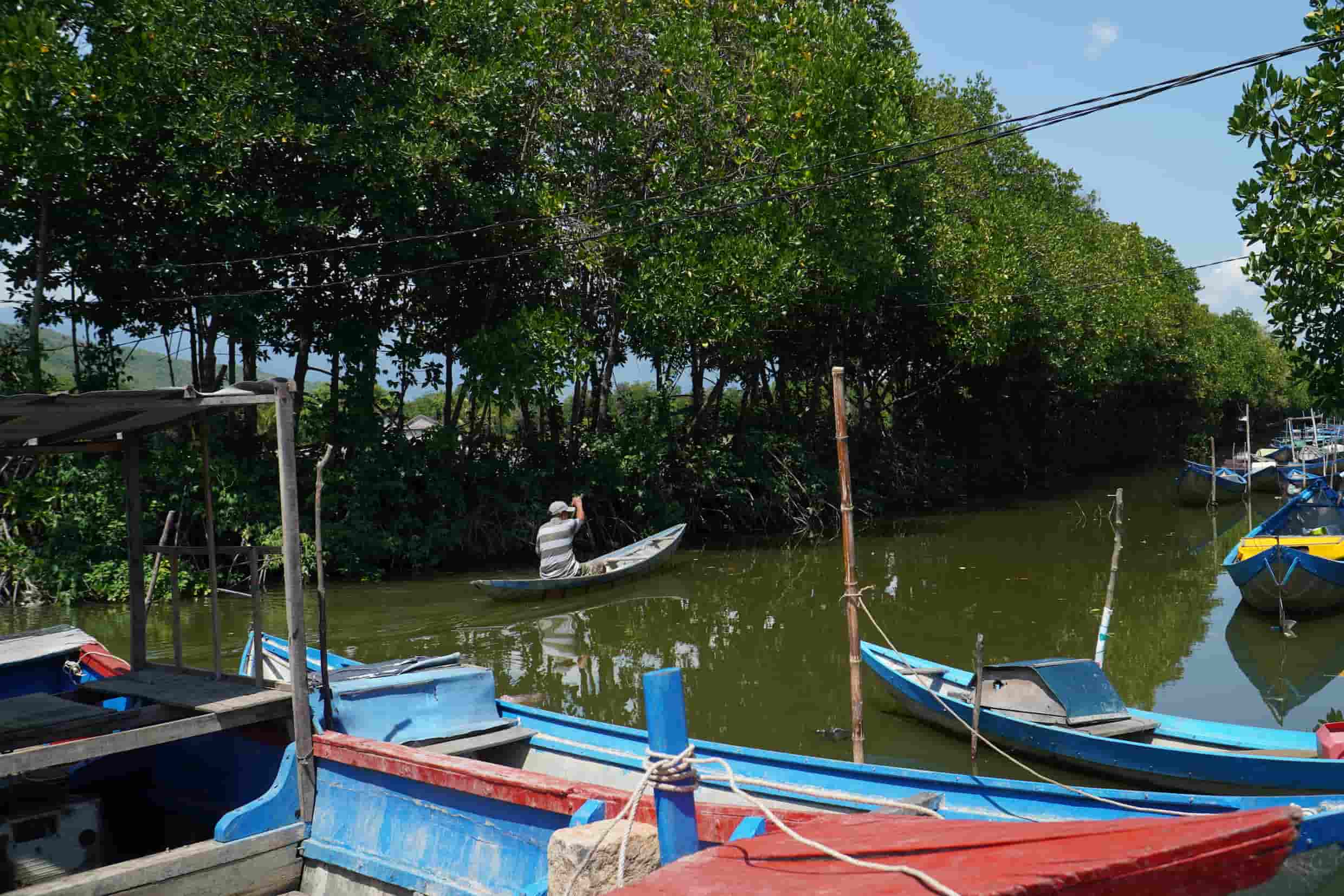 Because the village is located in the middle of four water bodies, local people often use boats to visit shrimp and crab lakes and go to Nha Phu Bay to catch seafood.