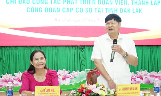 Phó Chủ tịch Tổng LĐLĐVN Phan Văn Anh phát biểu tại Hội nghị về việc lãnh đạo, chỉ đạo công tác phát triển đoàn viên, thành lập CĐCS. Ảnh: Bảo Trung