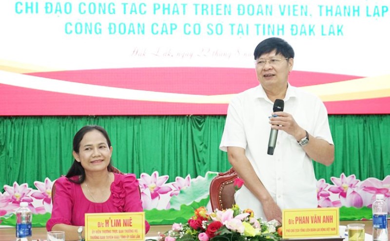 Phó Chủ tịch Tổng LĐLĐVN Phan Văn Anh phát biểu tại Hội nghị về việc lãnh đạo, chỉ đạo công tác phát triển đoàn viên, thành lập CĐCS. Ảnh: Bảo Trung