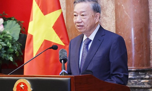 Tổng Bí thư, Chủ tịch nước Tô Lâm phát biểu tại buổi gặp mặt với Đoàn đại biểu Hiệp hội Doanh nghiệp nhỏ và vừa Việt Nam. Ảnh: TTXVN