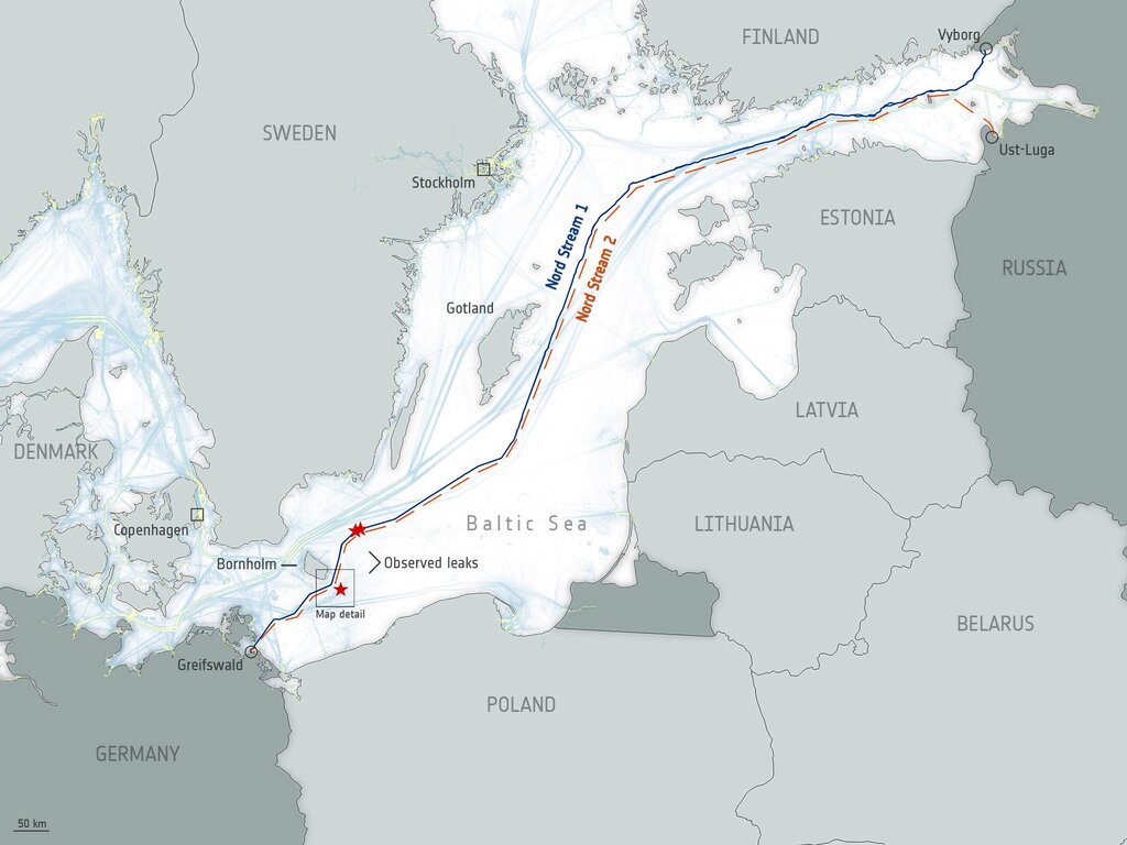 Bản đồ đường ống dẫn khí Nord Stream và Nord Stream 2 cho thấy các vị trí phát hiện khí đốt rò rỉ trong cuộc tấn công tháng 9.2022 do vệ tinh Copernicus Sentinel-2 chụp. Ảnh: ESA