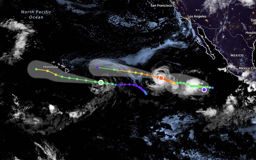 Typhoon Hone (left) and typhoon Gilma (right) are active in the central and eastern Pacific. Photo: Zoom Earth