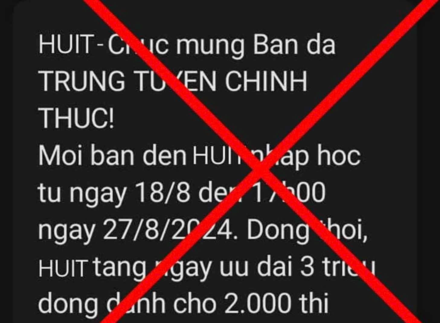 Nội dung tin nhắn được xác định lừa đảo trúng tuyển gửi đến thí sinh, phụ huynh. Ảnh: Chụp màn hình 