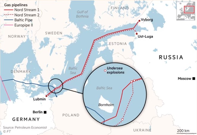 Bản đồ đường ống Nord Stream và Nord Stream 2. Ảnh chụp màn hình FT