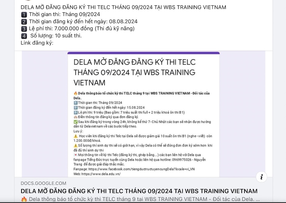 WBS Training Việt Nam mở đợt đăng ký thi chứng chỉ TELC vào tháng 9.2024. Ảnh chụp màn hình