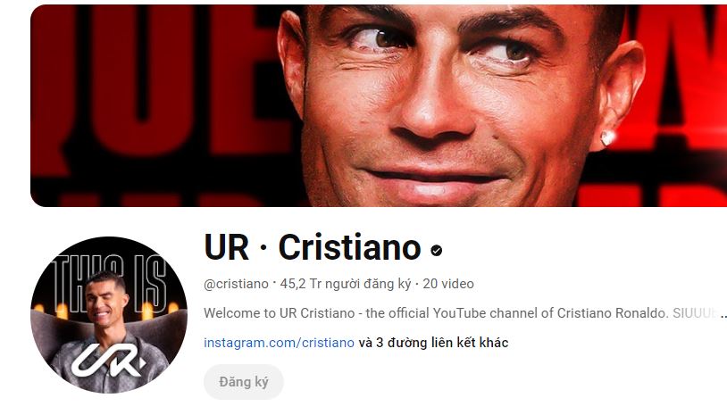 Tính đến 10h ngày 26.8, sau gần 5 ngày lập kênh YouTube, Ronaldo đã có 45,2 triệu người đăng ký theo dõi. (Ảnh chụp màn hình)