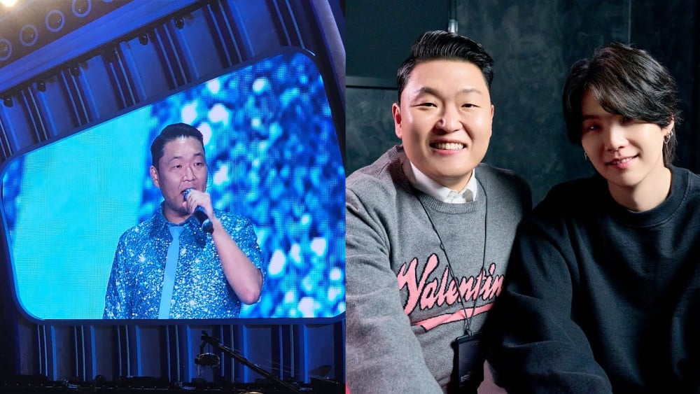 PSY cảm ơn Suga BTS tại buổi hòa nhạc. Ảnh: Allkpop