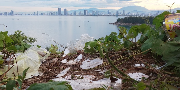 Plastic packaging scattered on Son Tra Peninsula. Photo: Thanh Truc