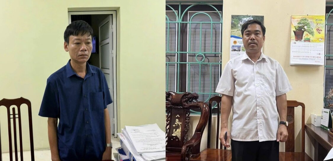 Ông Bùi Văn Việt (áo đen), Trưởng Phòng TN-MT huyện Lạc Sơn và ông Bùi Văn Thơ (áo trắng), Chủ tịch UBND xã Mỹ Thành vừa bị khởi tố. Ảnh: Công an tỉnh Hòa Bình
