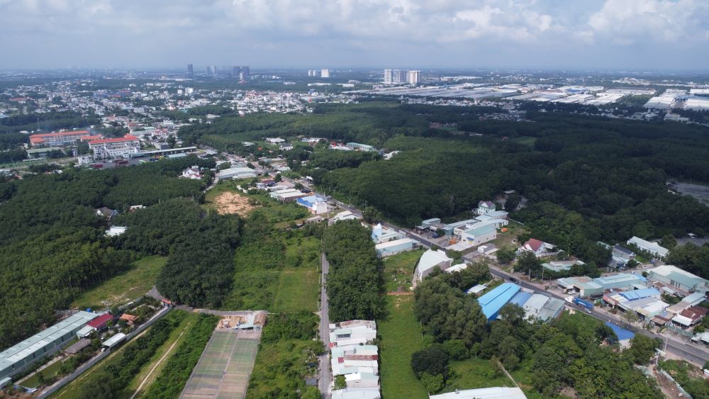 Looking down from above, provincial road DT 742 is too small, hidden between rubber trees and residential areas. Photo: Dinh Trong