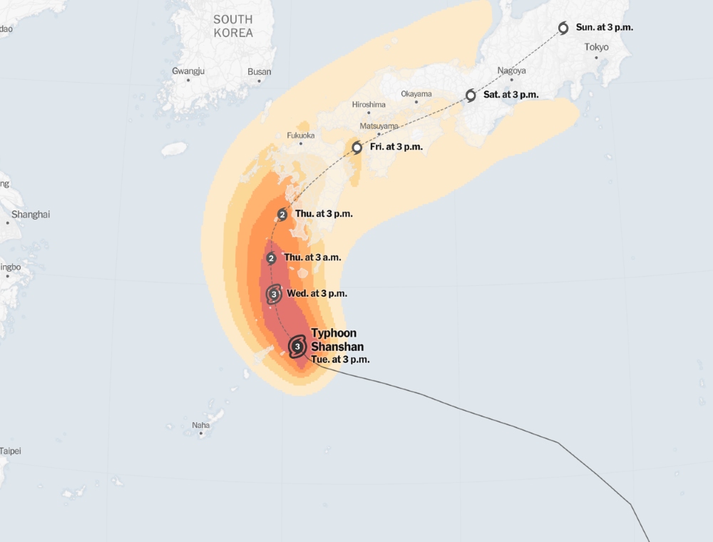 Forecasting storm Shanshan developments in the coming days. Photo: NY Times/NHC/NOAA/JTWC