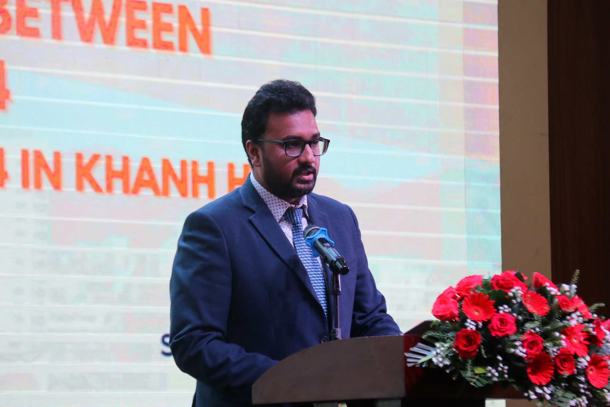 Mr. Tushar Garg - Deputy Consulate General of India in Ho Chi Minh City spoke at the Khanh Hoa - India promotion conference. Photo: Phuong Linh