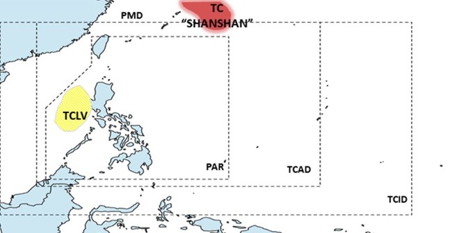 Low pressure (yellow) appears when storm Shanshan (red) is active. Photo: PAGASA