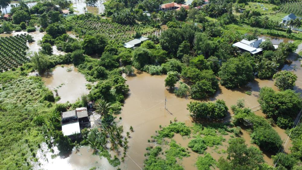 Nước sông tràn lên gây ngập đường ở xã Hàm Kiệm. Ảnh: Duy Tuấn