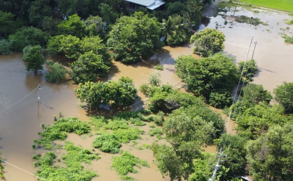 The iron bridge was flooded, the water rose near the top of the electricity pole. Photo: Duy Tuan