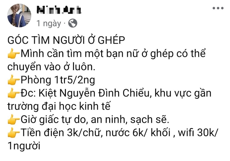 Many students in Da Nang post on social networks to find roommates. Screenshot