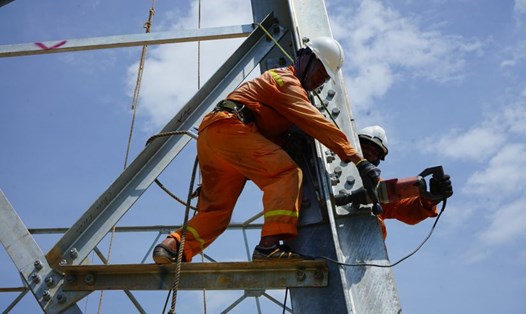 Cán bộ, công nhân ngành điện nỗ lực “Vượt nắng thắng mưa” trên công trường đường dây 500kV mạch 3 qua địa bàn tỉnh Thanh Hóa. Ảnh: Quách Du