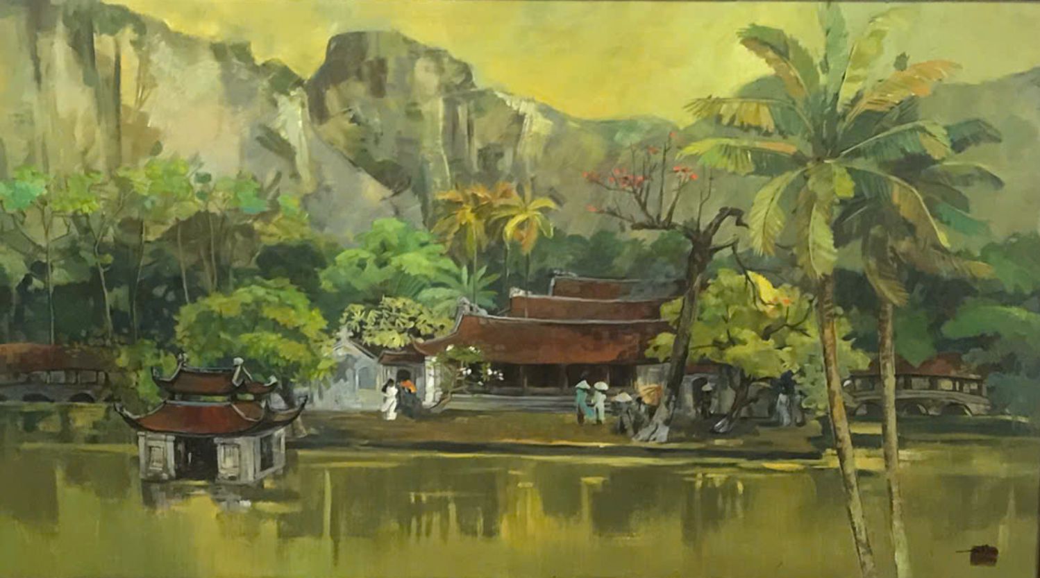 "Phong cảnh chùa Thầy" - tranh sơn dầu trên vải của họa sĩ Đỗ Khải.
