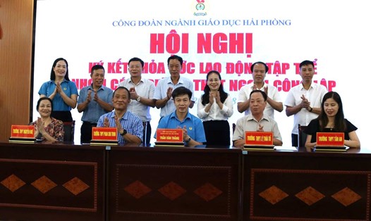 Các đơn vị kí kết thỏa ước nhóm trường THPT ngoài công lập Hải Phòng. Ảnh: Minh Khuê