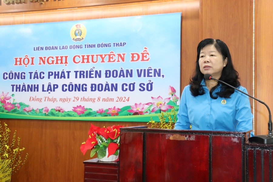 Bà Huỳnh Thị Tuyết Vui - Chủ tịch LĐLĐ tỉnh Đồng Tháp, Trưởng Ban Chỉ đạo công tác phát triển đoàn viên, thành lập công đoàn cơ sở (CĐCS) giai đoạn 2023 - 2028 - phát biểu tại hội nghị. Ảnh: Lưu Hùng