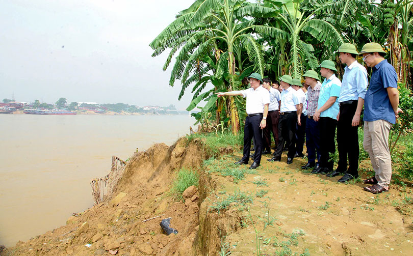 Phó Chủ tịch UBND tỉnh Vĩnh Phúc Vũ Việt Văn kiểm tra hiện trường sạt lở bờ sông Lô. Ảnh: Nguyễn Lượng
