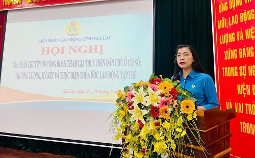 Phó Chủ tịch Liên đoàn Lao động tỉnh Nguyễn Thị Thanh Thủy phát biểu tại hội nghị. Ảnh: Thanh Tuấn 