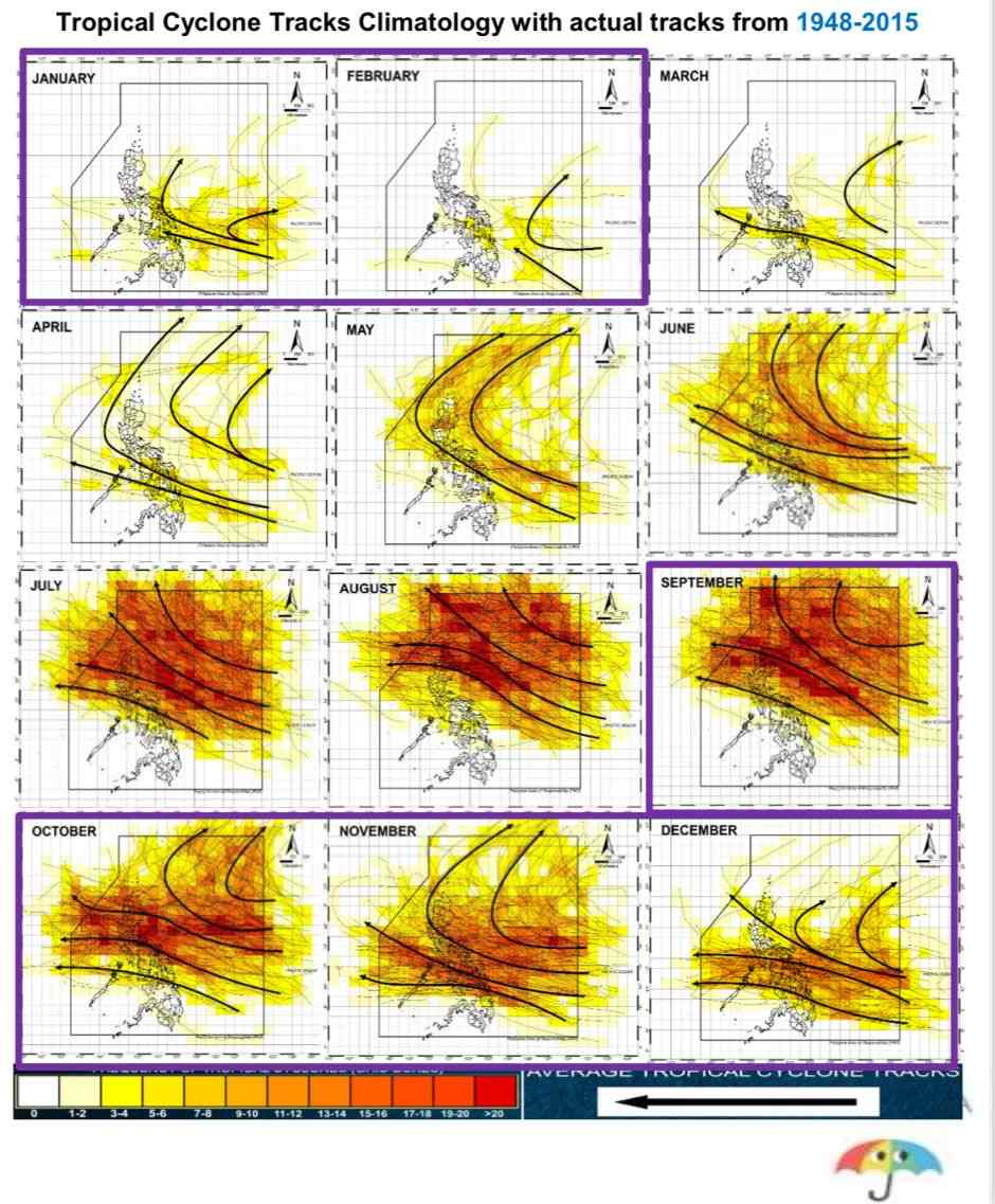 Đường đi của các cơn bão ở Philippines trong 12 tháng từ năm 1948-2015. Ảnh: PAGASA