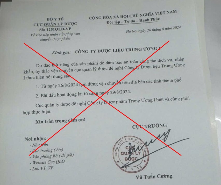 Công văn của Cục Quản lý Dược bị giả mạo. Ảnh: Cục Quản lý Dược 