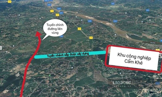 Nhà thầu sẽ thi công công trình kết nối tuyến chính đường liên vùng với khu công nghiệp Cẩm Khê. Đồ họa trên nền ảnh Google Earth: Tô Công.