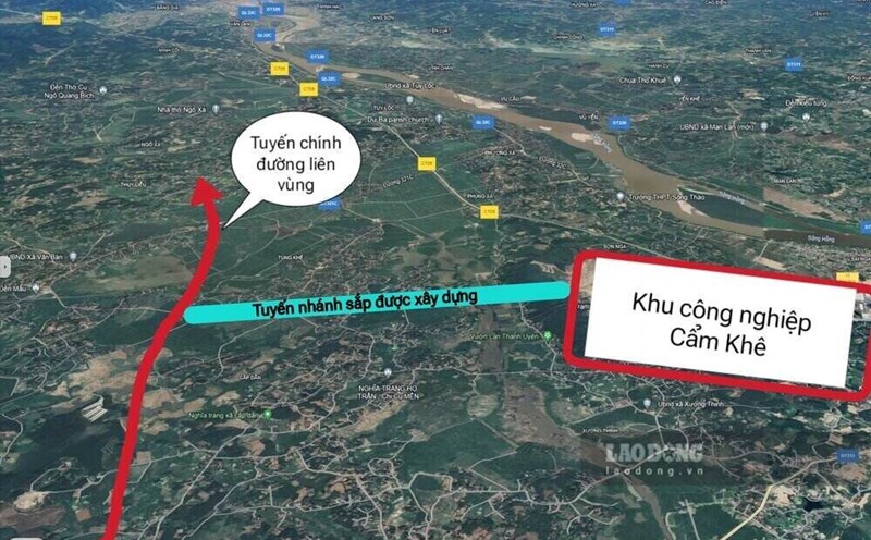 Nhà thầu sẽ thi công công trình kết nối tuyến chính đường liên vùng với khu công nghiệp Cẩm Khê. Đồ họa trên nền ảnh Google Earth: Tô Công.
