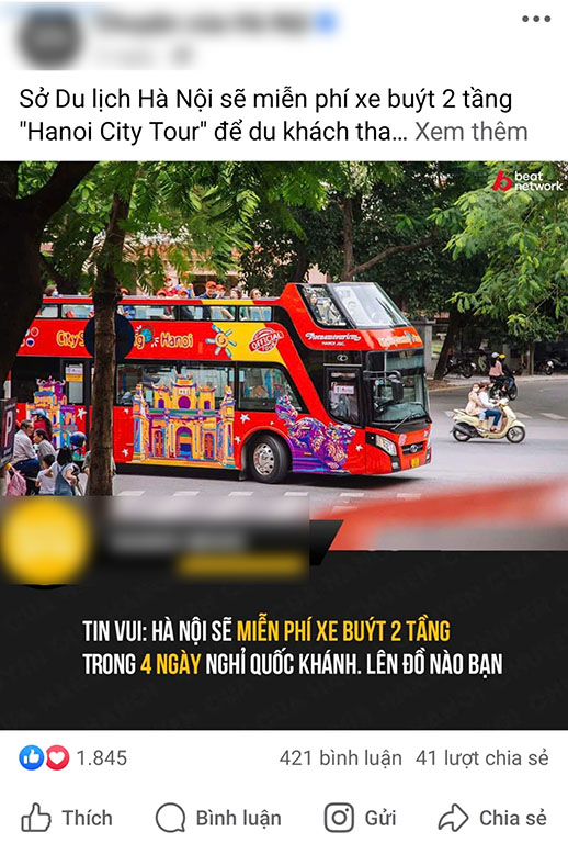 Many articles online claim that double-decker buses in Hanoi will run for free. Screenshot