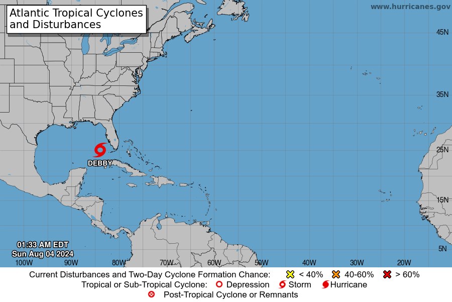 The current position of Tropical Storm Debby as it approaches landfall. Photo: NHC
