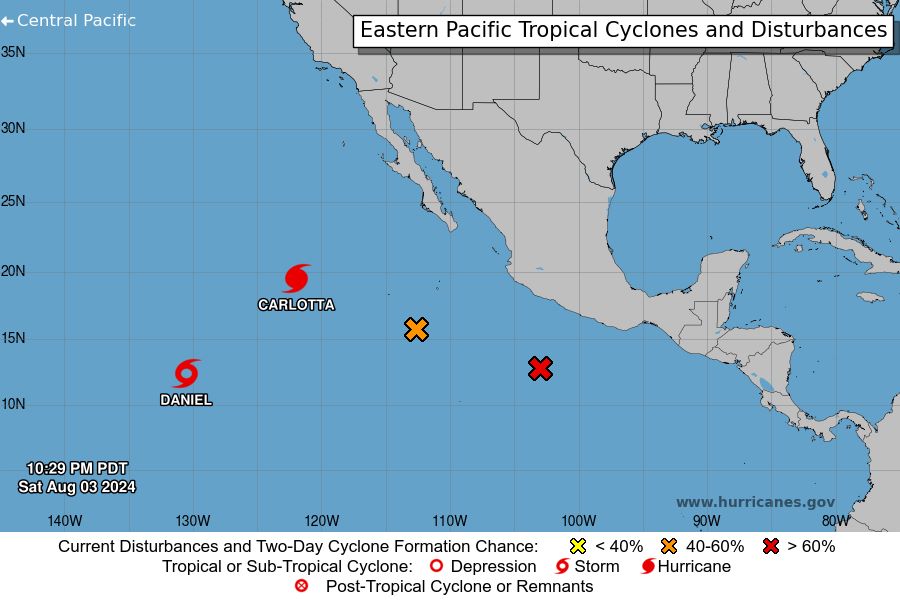 Location of 2 storms at present in the Eastern Pacific Ocean. Photo: NHC