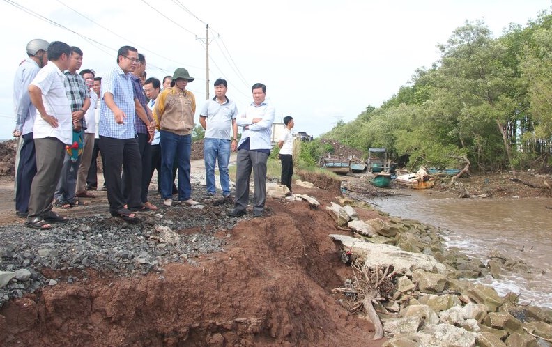 Lãnh đạo tỉnh Bạc Liêu khảo sát vị trí sạt lở đê biển Đông chiều ngày 4.8 ngay đúng vị trí sạt lở vào tháng 3.2023 sau khi tỉnh này công bố tình huấn khẩn cấp bảo vệ đê. Ảnh: Nhật Hồ