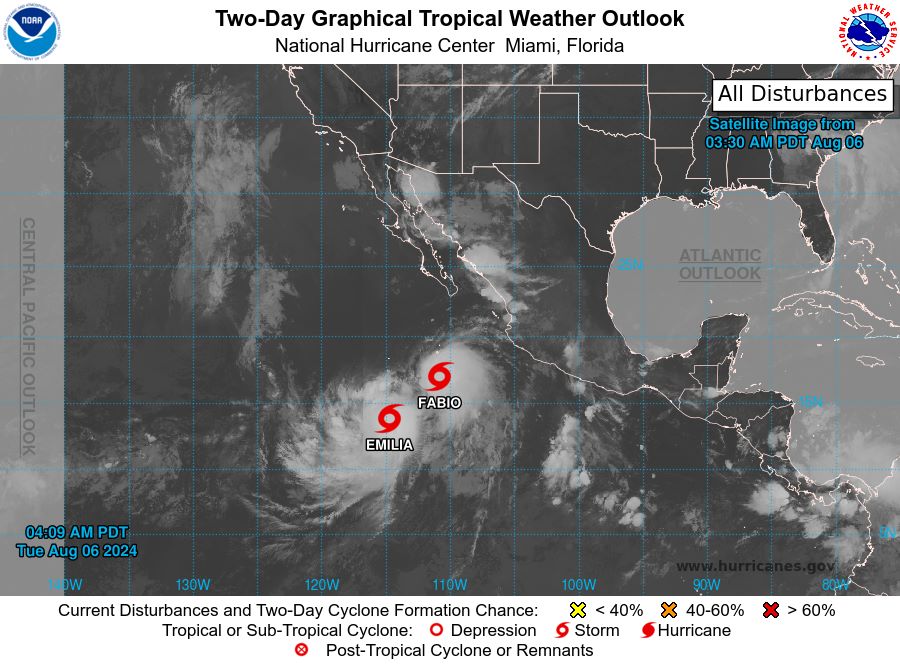 Satellite image of the storm stacking phenomenon in the Pacific Ocean. Image: NHC/NOAA