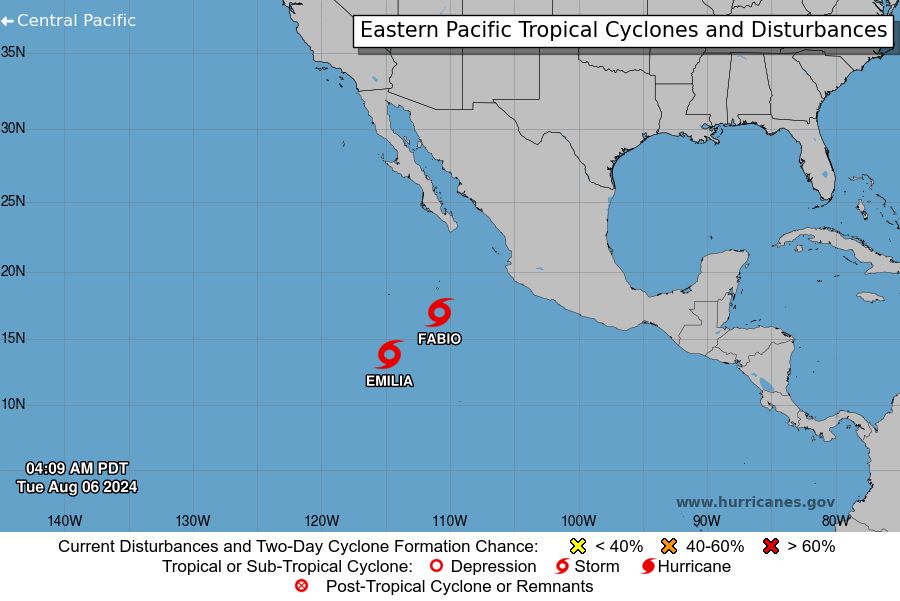 Current location of the two tropical storms Fabio and Emilia. Image: NHC/NOAA